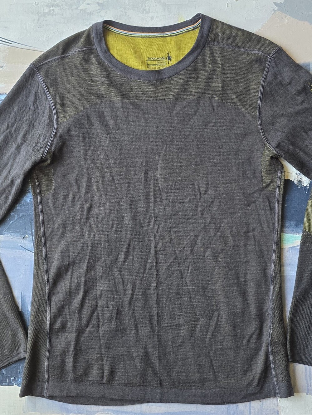 Smartwool Intraknit 200 Thermal Grey Yellow Merino Wool Base Layer Shirt Top L
